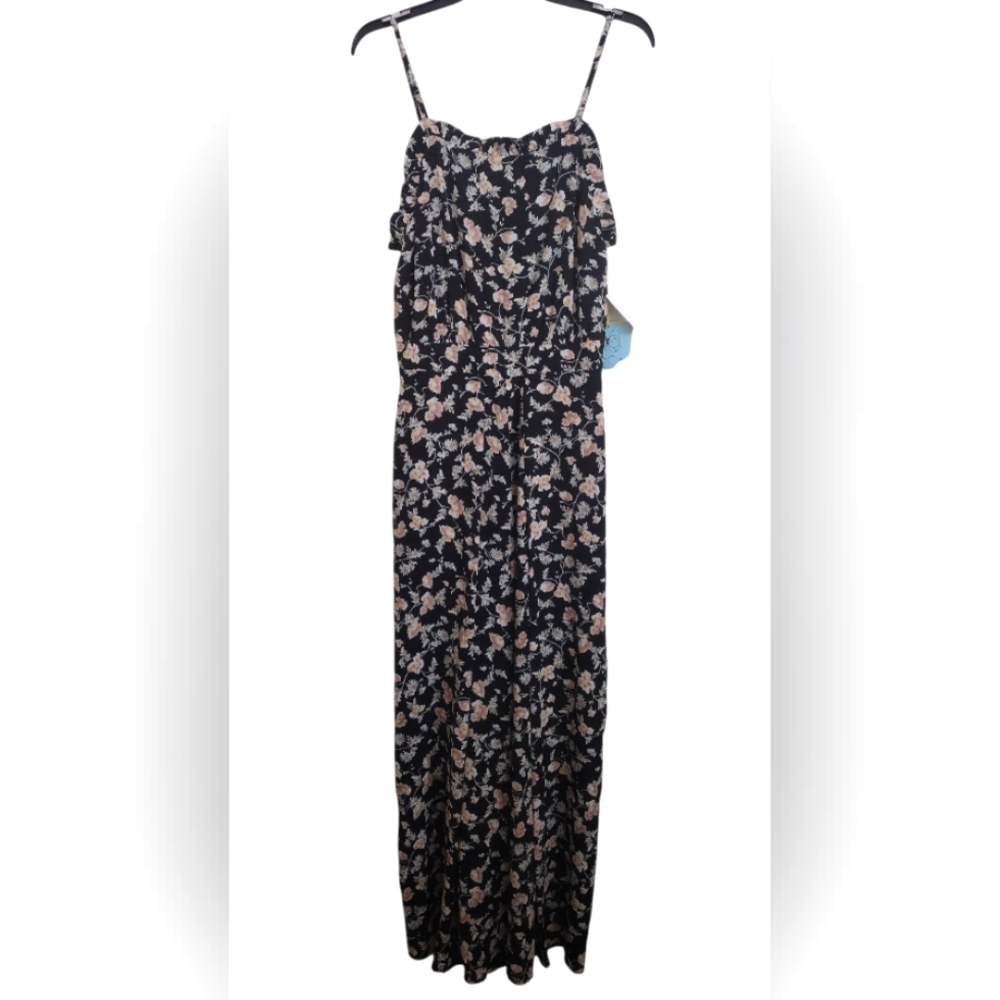 CeCe Floral Black Multicolor Sleeveless Jumpsuit With Ruffle Details Size 6